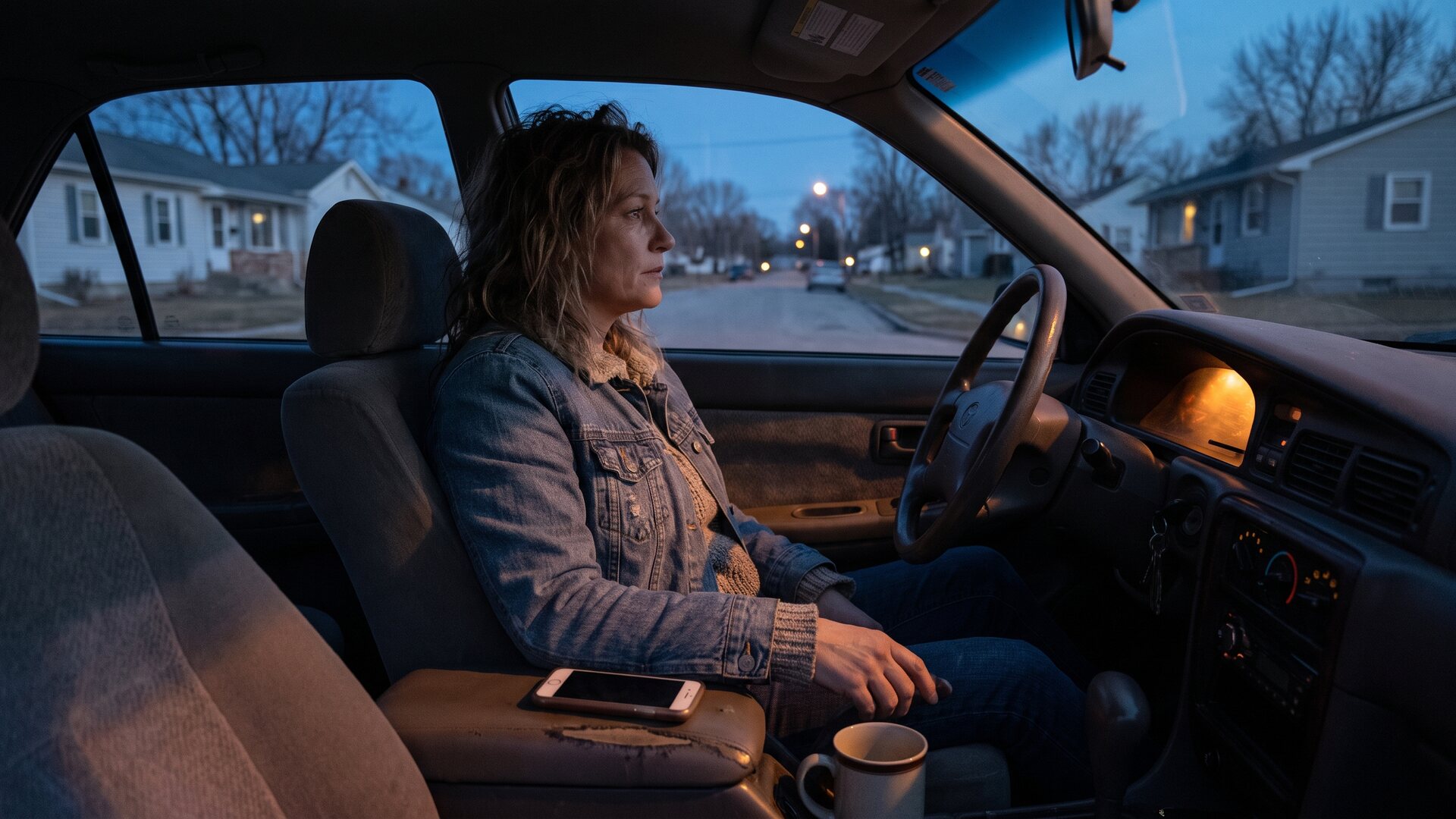 A woman sitting in a parked car at dusk with her phone resting face-down beside her