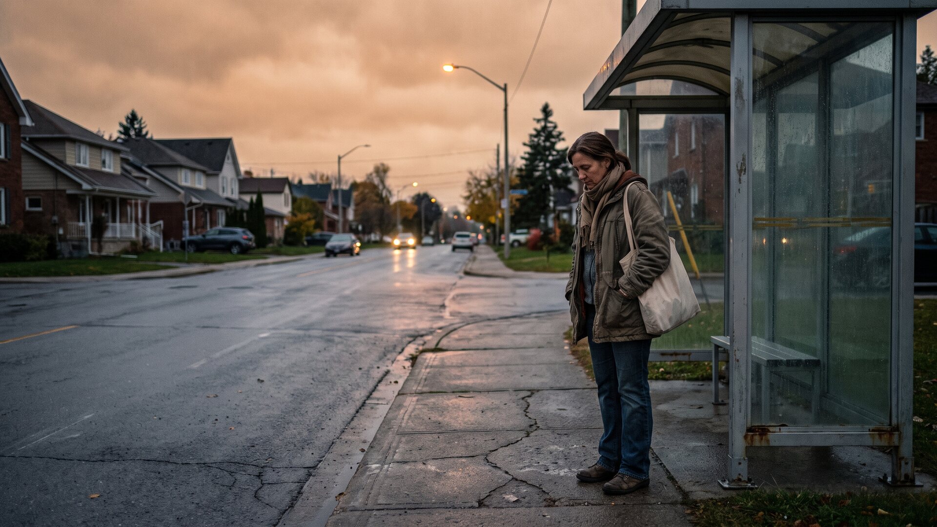 A woman standing at a quiet bus stop in early evening light with empty street space ahead
