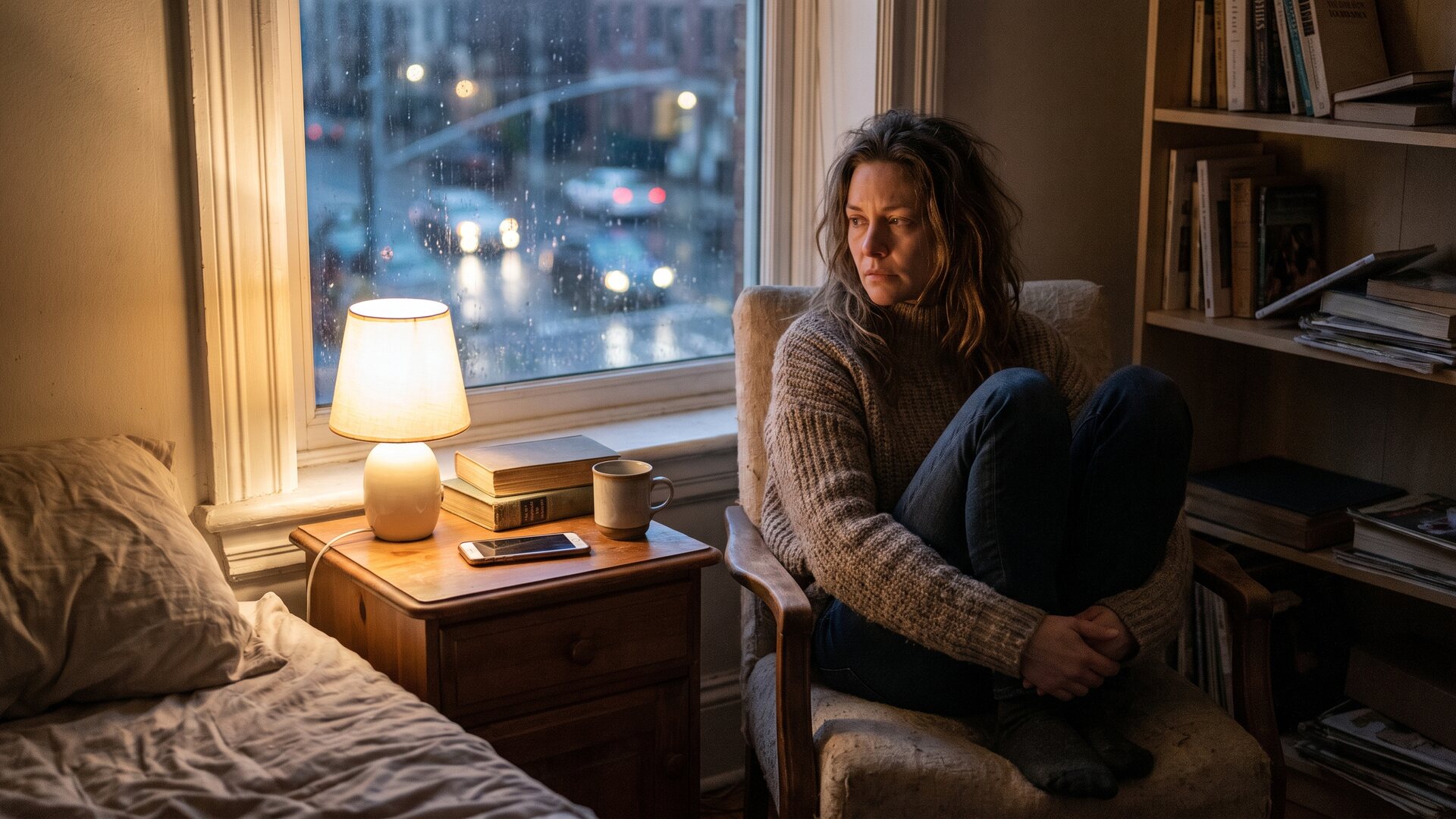 A woman awake at night beside a window with her phone on the bed and city light outside