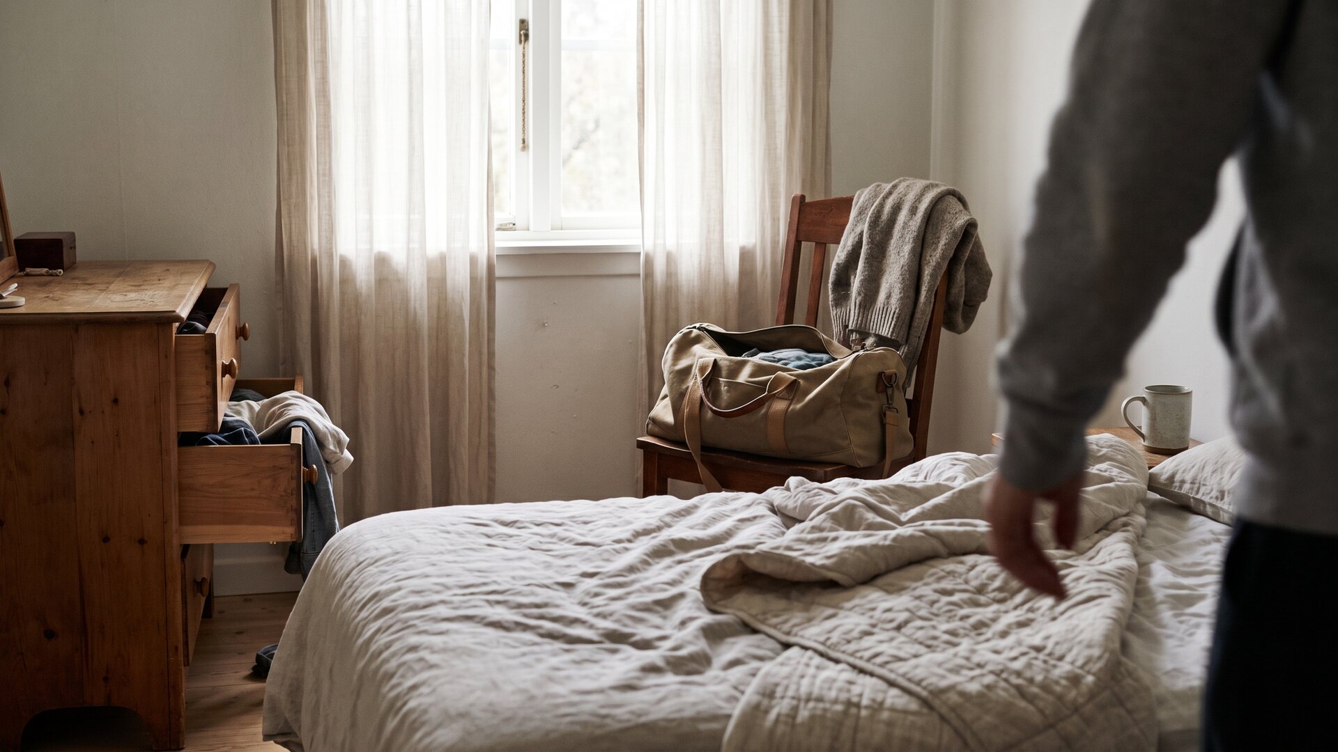A quiet bedroom after a breakup with rumpled sheets, soft daylight, and a half-packed overnight bag