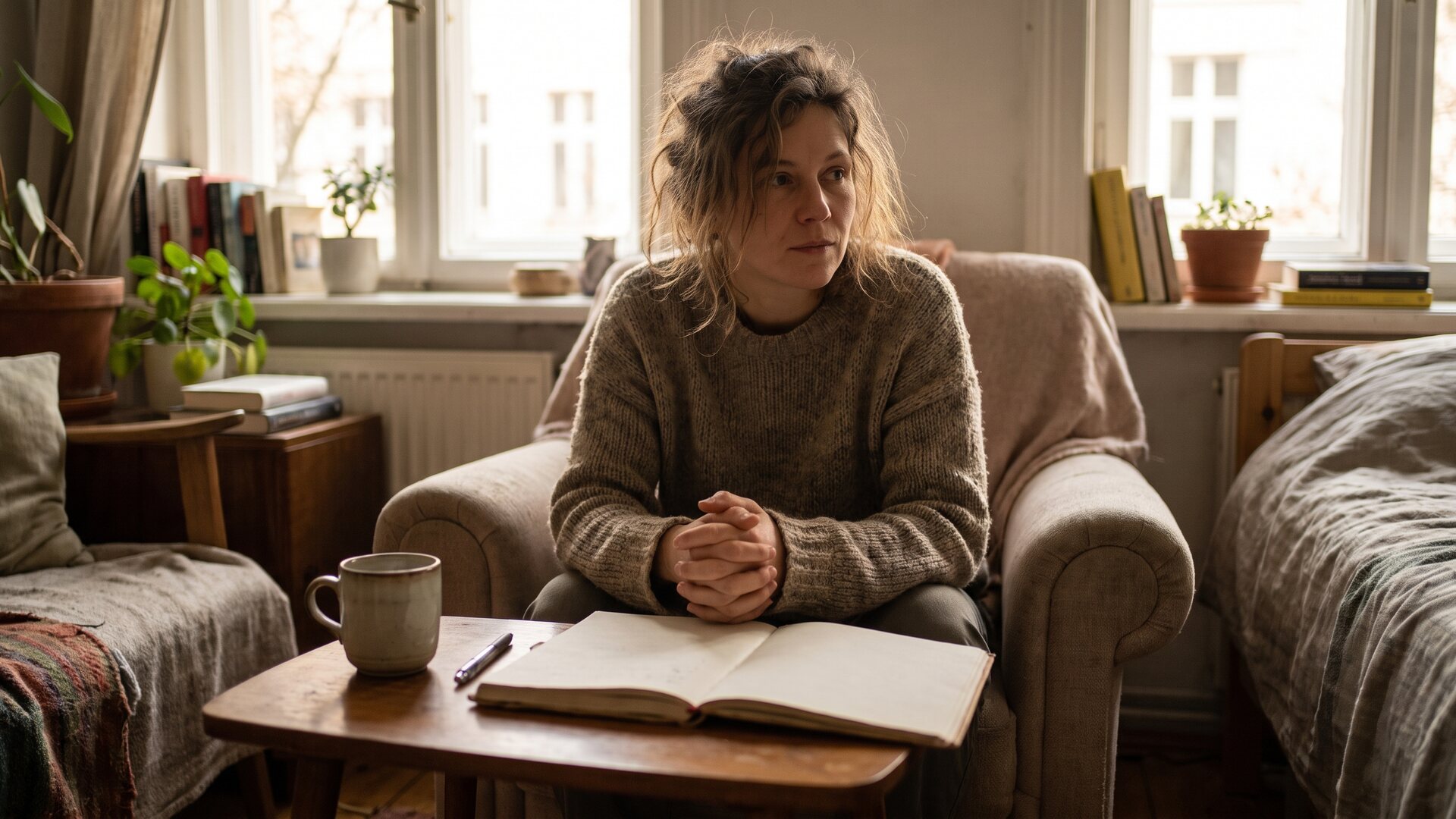 A notebook and coffee on a small table by a window with a woman sitting nearby in soft focus