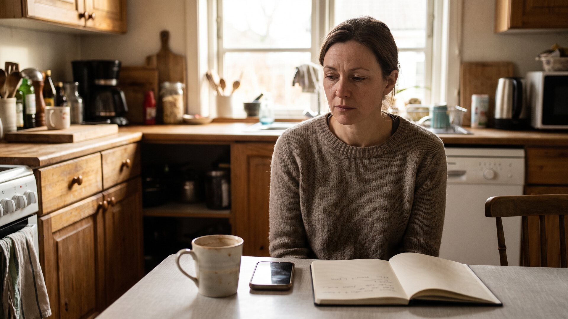 A woman sitting alone at a kitchen table with a mug, a face-down phone, and an open notebook